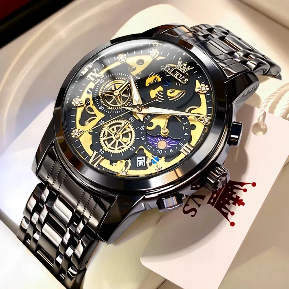 OLEVS Men's Luxury Waterproof Quartz Watch - Gold Skeleton Style