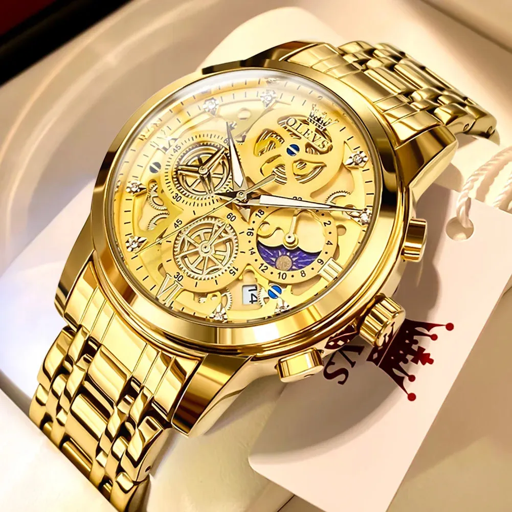 OLEVS Men's Luxury Waterproof Quartz Watch - Gold Skeleton Style