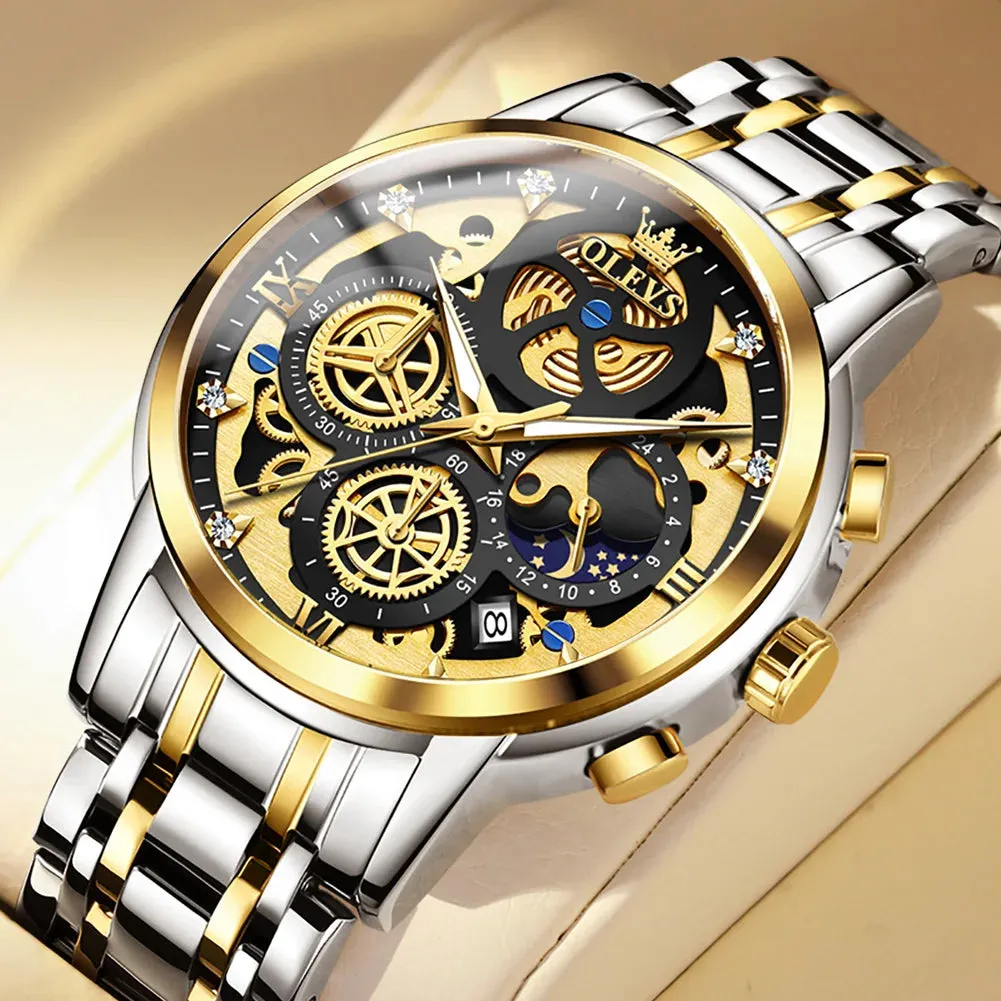 OLEVS Men's Luxury Waterproof Quartz Watch - Gold Skeleton Style