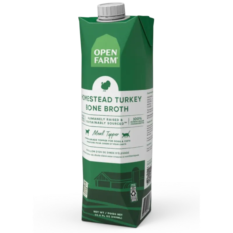 Open Farm Dog/Cat Bone Broth Topper Homestead Turkey 12 or 32oz