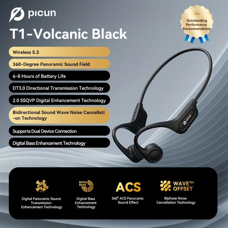 Picun T1 Bluetooth Bone Conduction Headphones - Advanced Audio for Outdoor Adventures - Secure Fit, Sweatproof, Crystal Clear Sound, Built-in Mic for Running, Workout, Cycling, and Hiking