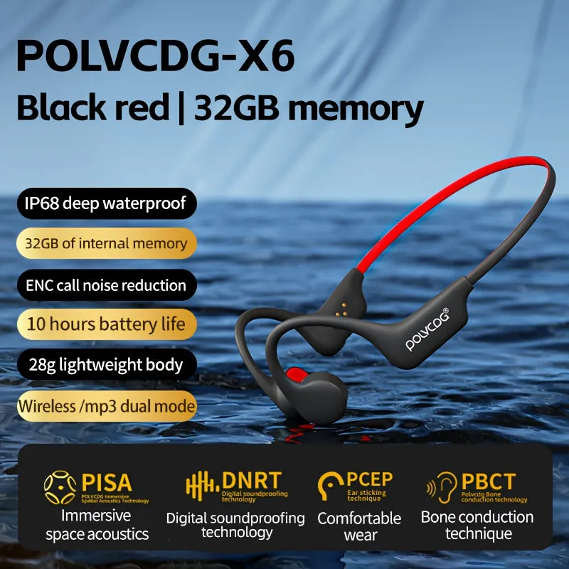 POLVCDG X6 Wireless Bone Conduction Headphones for Swimming with IP68 Waterproof, 32GB Memory, Long Battery Life, Lightweight Design, Sound Isolation, Sports & Exercise Earphones with Volume Control and Rechargeable Battery