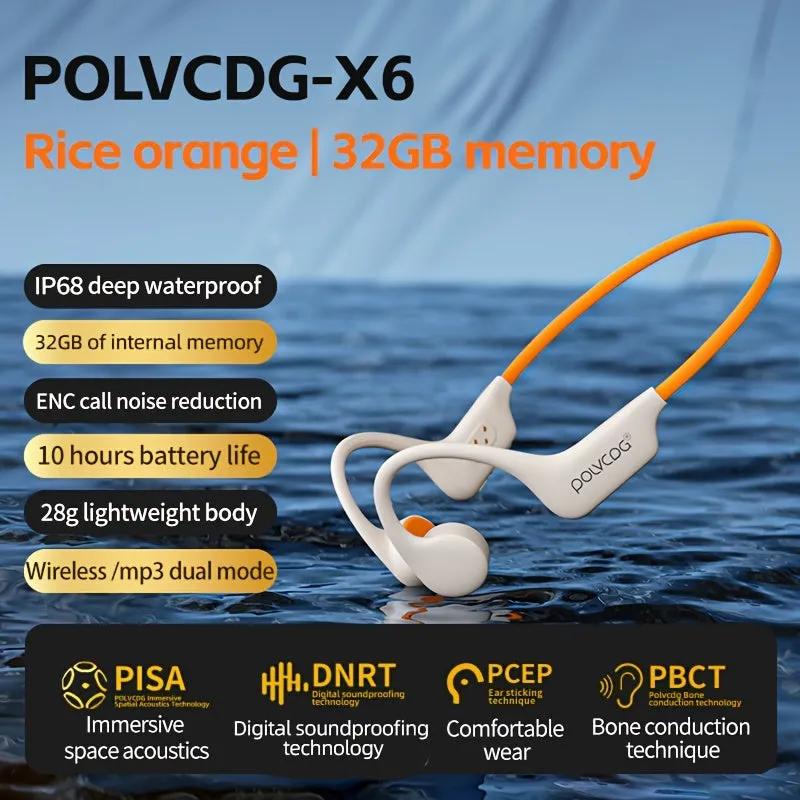 POLVCDG X6 Wireless Bone Conduction Headphones for Swimming with IP68 Waterproof, 32GB Memory, Long Battery Life, Lightweight Design, Sound Isolation, Sports & Exercise Earphones with Volume Control and Rechargeable Battery