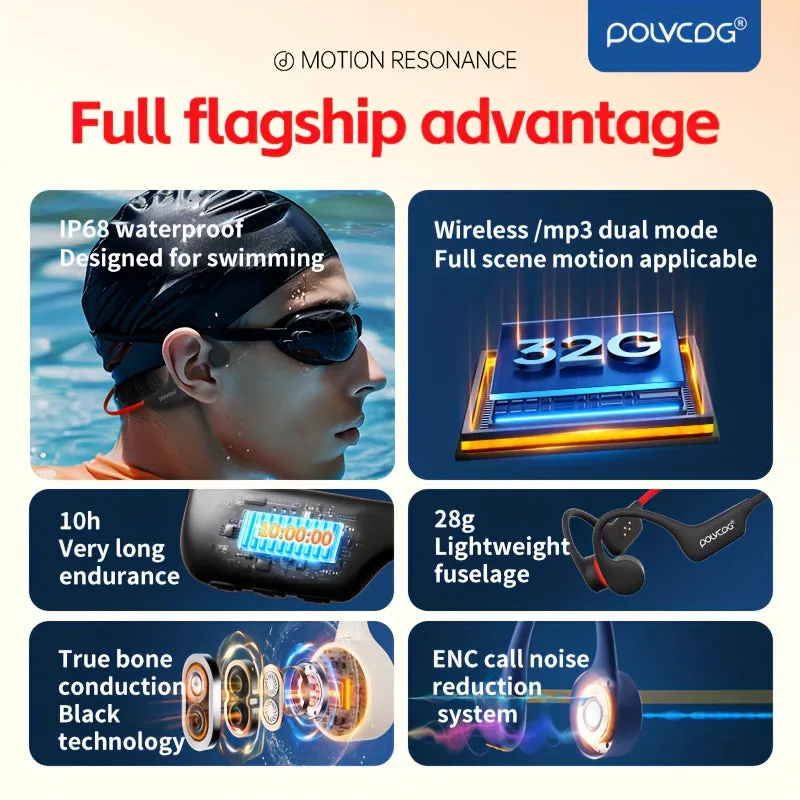 POLVCDG X6 Wireless Bone Conduction Headphones for Swimming with IP68 Waterproof, 32GB Memory, Long Battery Life, Lightweight Design, Sound Isolation, Sports & Exercise Earphones with Volume Control and Rechargeable Battery