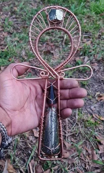 Pyrite Dodechahedron Wand with Shungite Quartz Crystal Handheld Copper Ankh