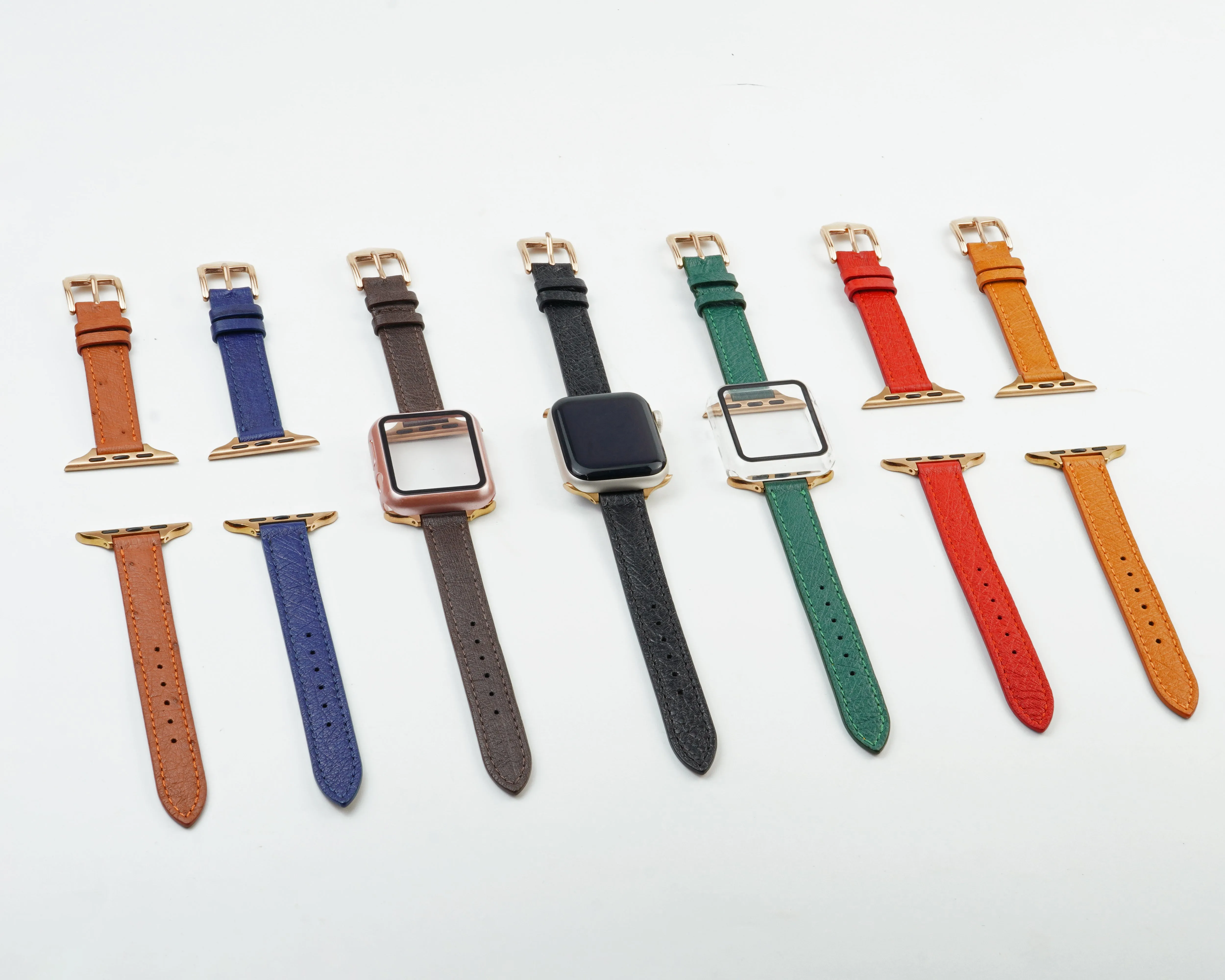 Red Flat Ostrich Leather Band Compatible Apple Watch Iwatch 49mm Screen Protector Case Gold Adapter Replacement Strap For Smartwatch Series 7 8 Leather Handmade AW-190G-W-49MM