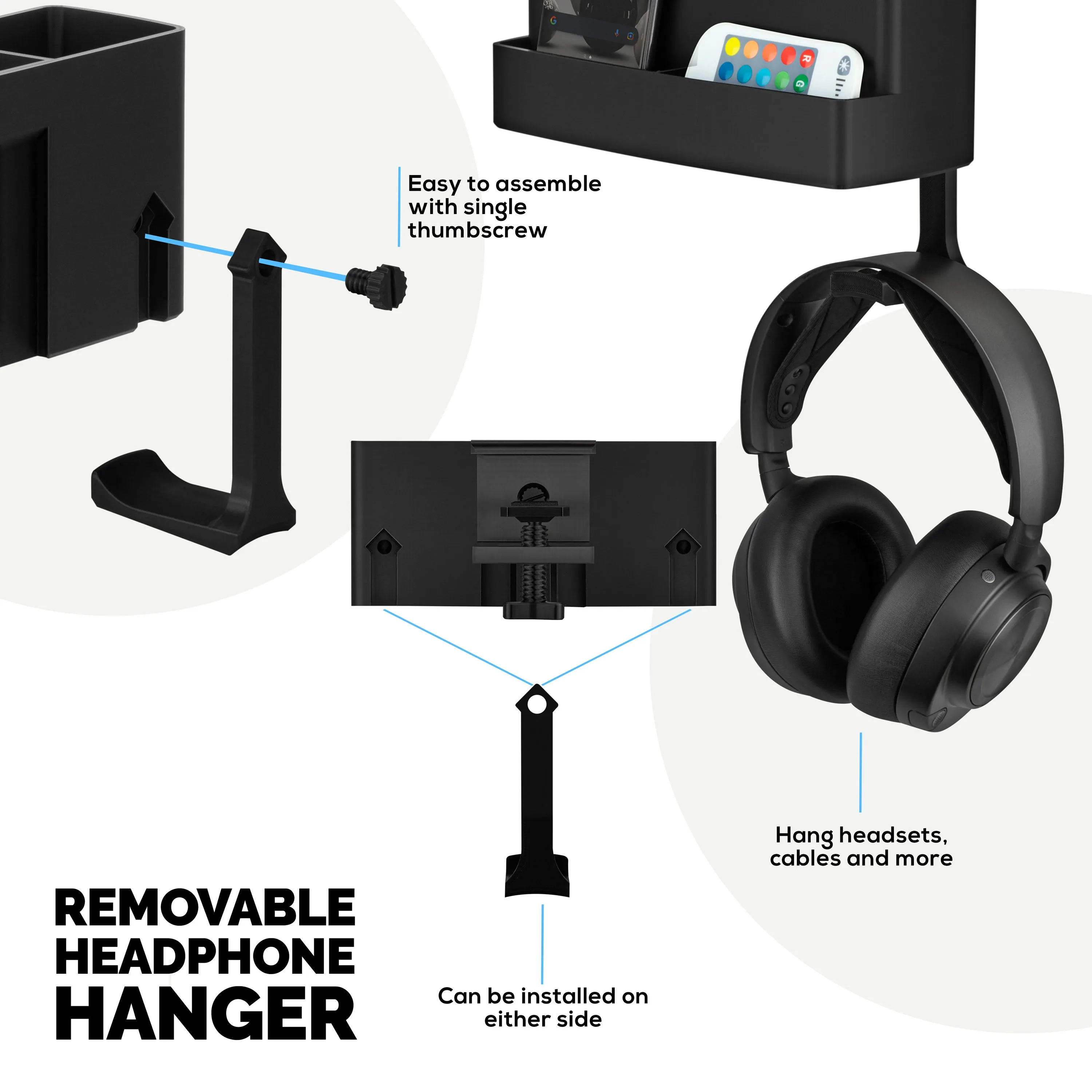 Remote Control, Stationery, Headphone & Phone Holder Hanger Stand for Tables and Desks, Easy To Install, Adjustable Clamp, Suitable for Different Size Remotes, Pens, Pencils, Headsets, Phones & More