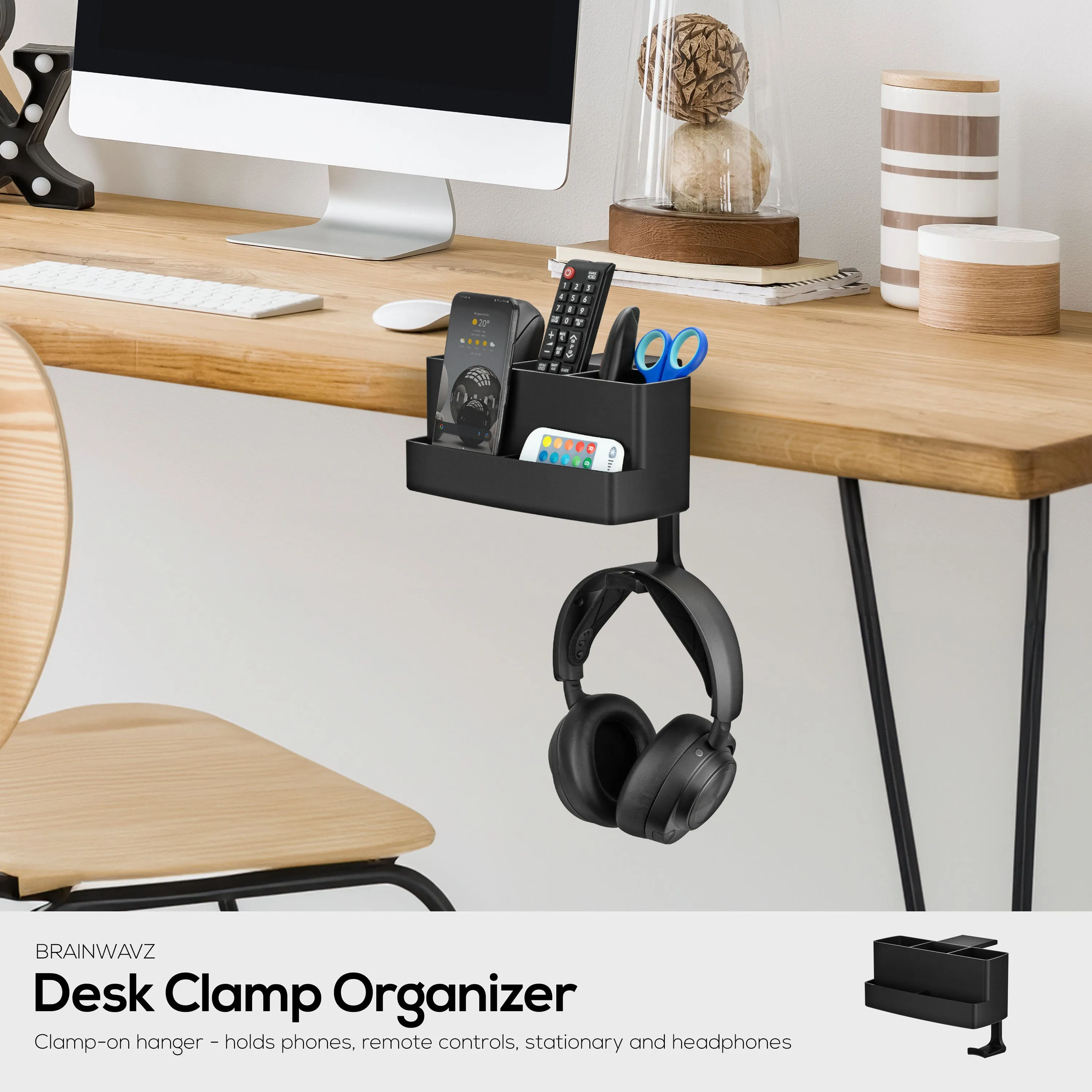 Remote Control, Stationery, Headphone & Phone Holder Hanger Stand for Tables and Desks, Easy To Install, Adjustable Clamp, Suitable for Different Size Remotes, Pens, Pencils, Headsets, Phones & More