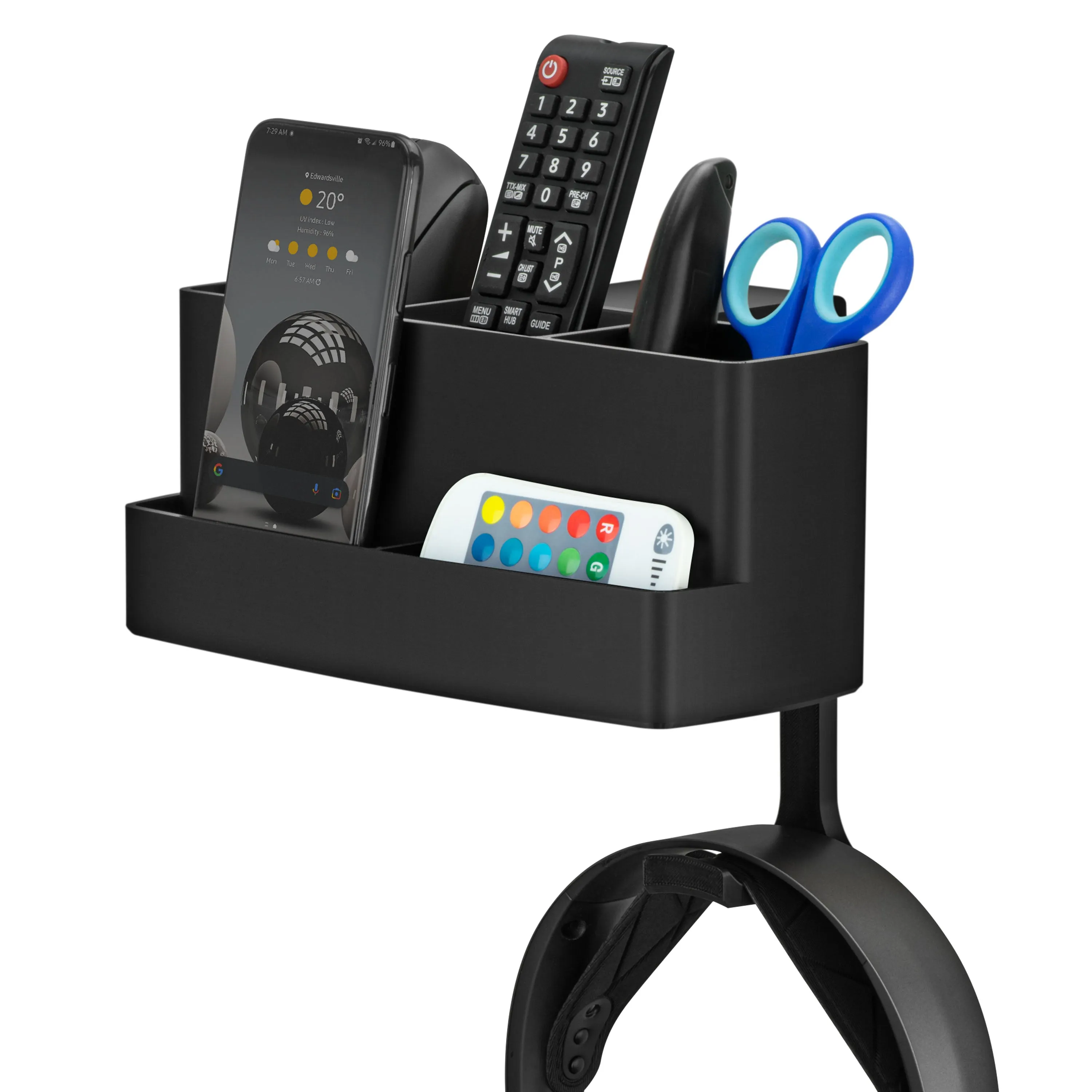 Remote Control, Stationery, Headphone & Phone Holder Hanger Stand for Tables and Desks, Easy To Install, Adjustable Clamp, Suitable for Different Size Remotes, Pens, Pencils, Headsets, Phones & More