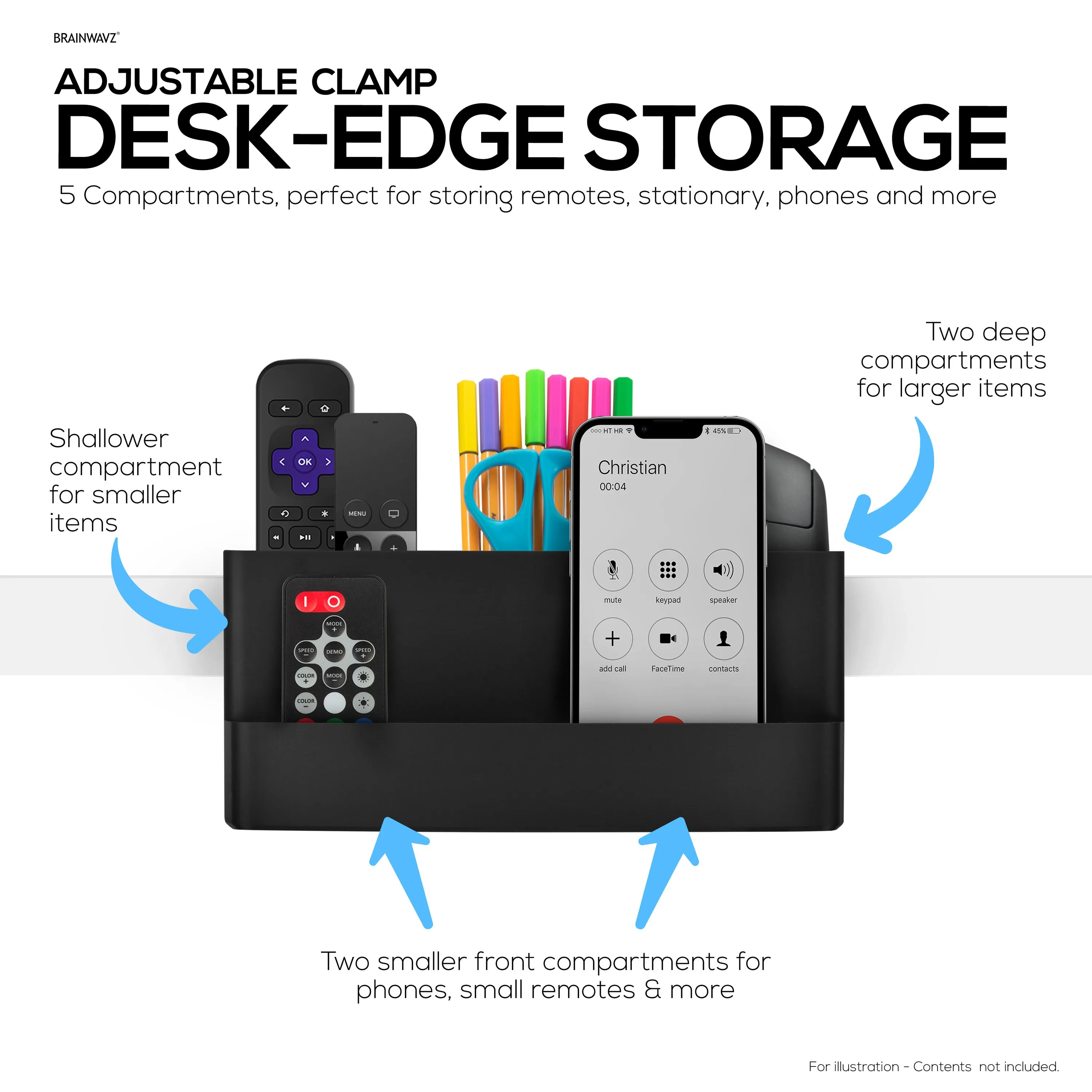 Remote Control, Stationery, Headphone & Phone Holder Hanger Stand for Tables and Desks, Easy To Install, Adjustable Clamp, Suitable for Different Size Remotes, Pens, Pencils, Headsets, Phones & More