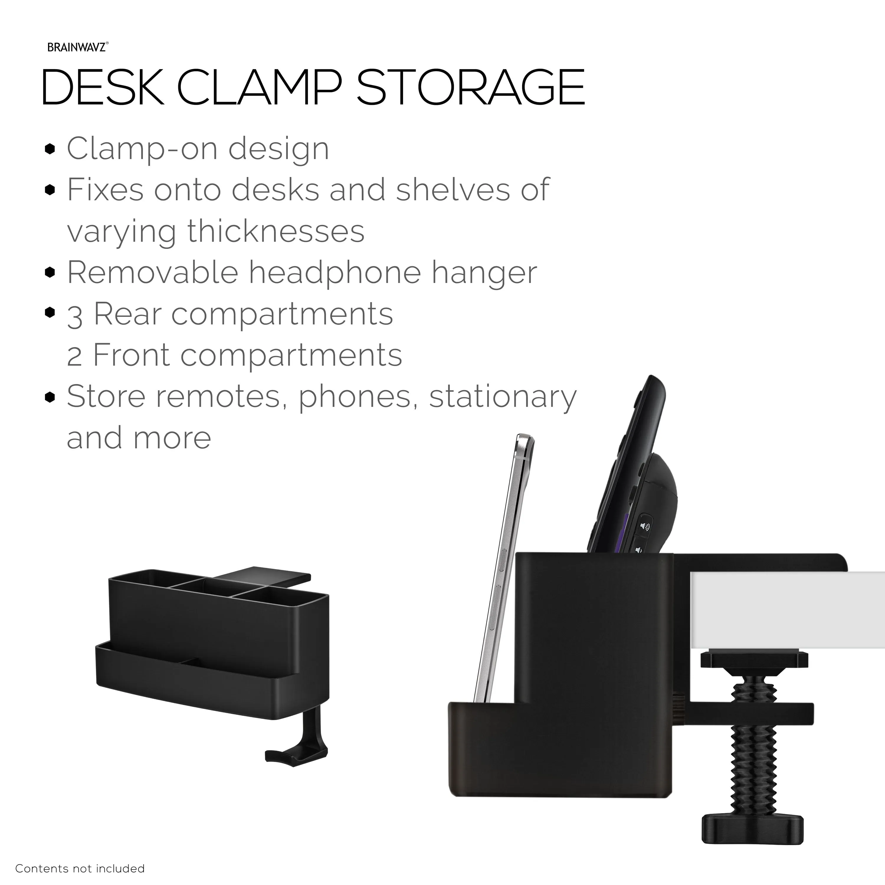 Remote Control, Stationery, Headphone & Phone Holder Hanger Stand for Tables and Desks, Easy To Install, Adjustable Clamp, Suitable for Different Size Remotes, Pens, Pencils, Headsets, Phones & More