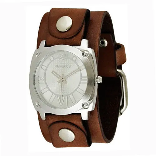 Roman Numerals Ladies Silver Watch with Brown Leather Cuff