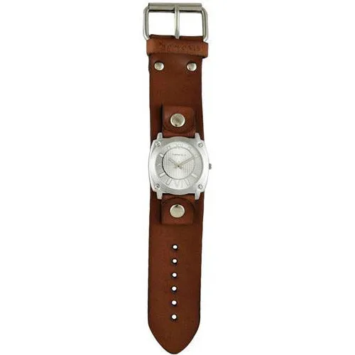 Roman Numerals Ladies Silver Watch with Brown Leather Cuff