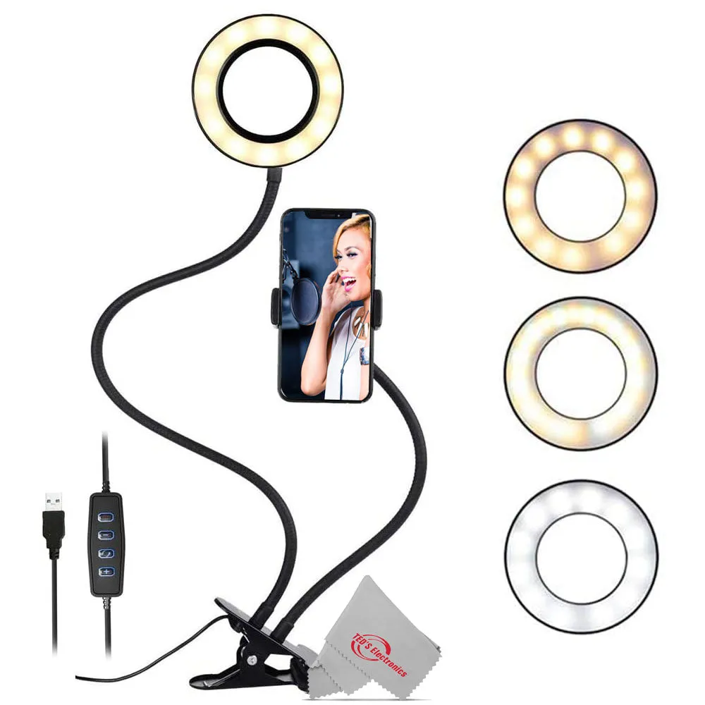 Selfie Ring Light with Cell Phone Holder for Live Stream Makeup,3 Color Modes, 360 ° Flexible Goose neck with Desk Clamp Clip