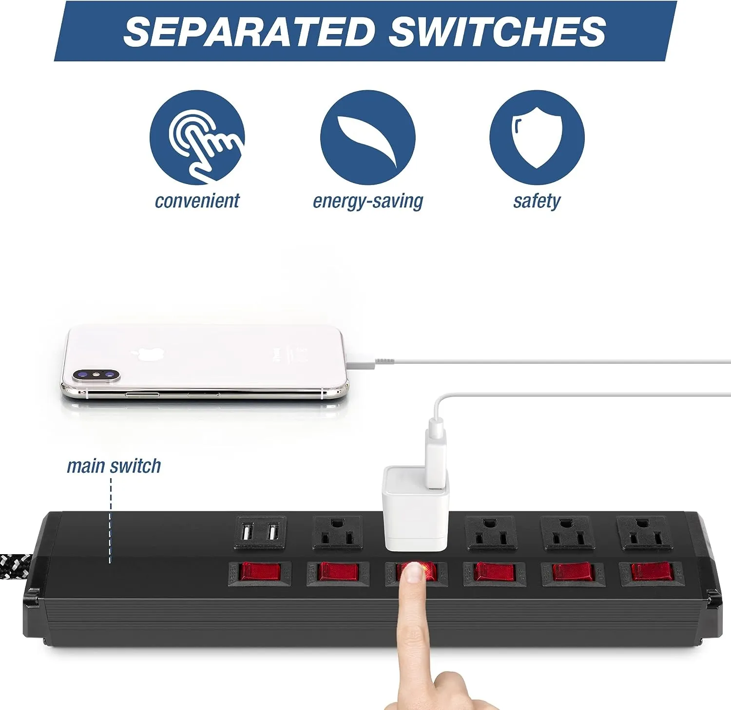 Set of 2 Power Strip 5 Outlets 2 USB Ports 6 Switches with Surge Protector Wall Mount, Black