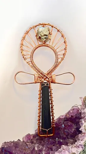 Shungite and Pyrite Copper Handheld Ankh