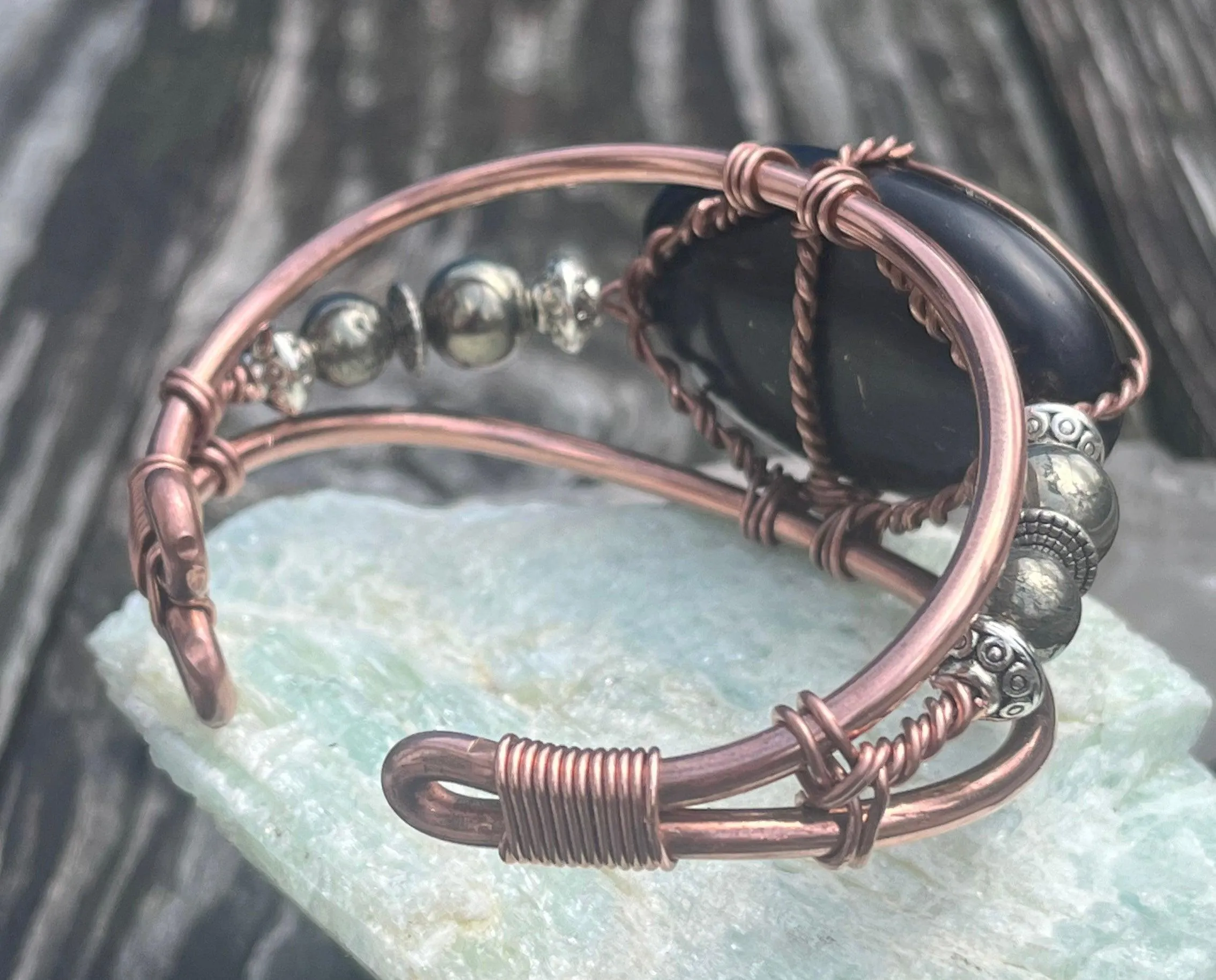 Shungite and Pyrite Copper Melanin Affinity Crystal Synergy Wirewrapped Bracelet