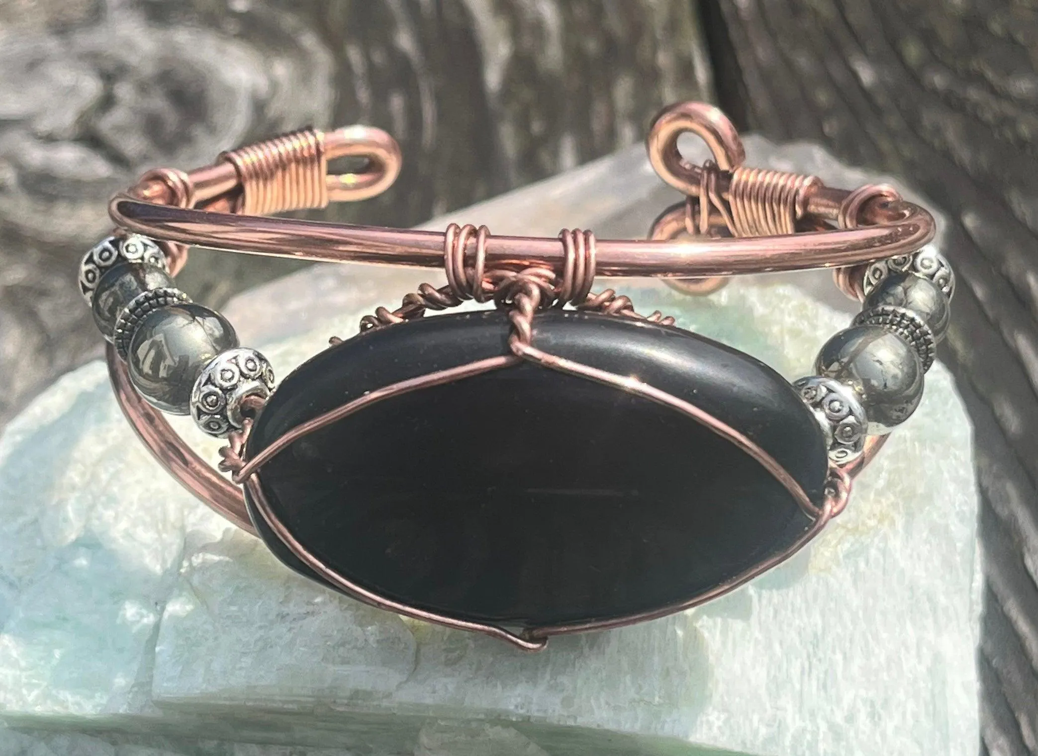 Shungite and Pyrite Copper Melanin Affinity Crystal Synergy Wirewrapped Bracelet