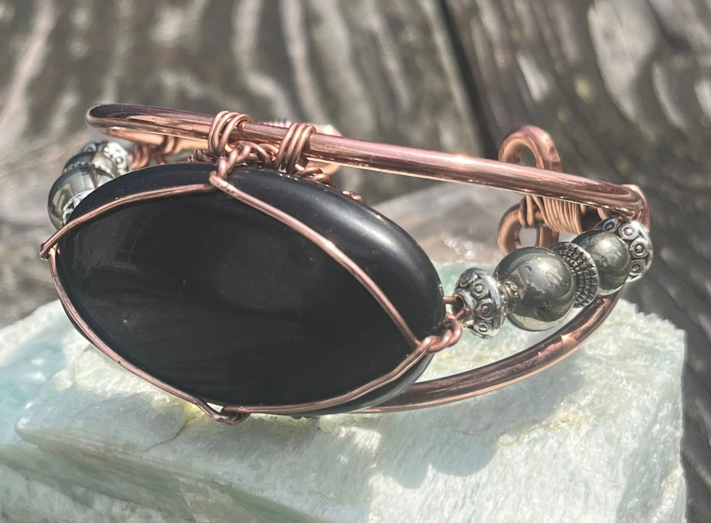 Shungite and Pyrite Copper Melanin Affinity Crystal Synergy Wirewrapped Bracelet