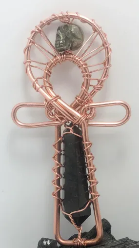 Shungite and Pyrite Skull Copper POCKET Ankh