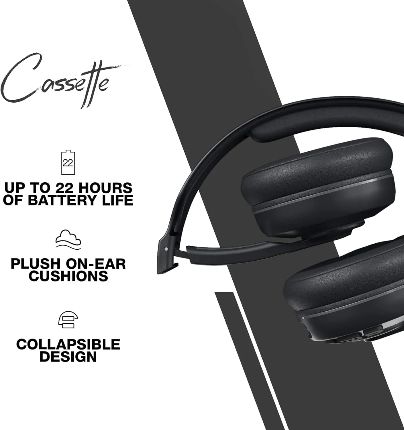 Skullcandy Cassette On-Ear Wireless Headphones, 22 Hr Battery, Microphone, Works with iPhone Android and Bluetooth Devices - Black