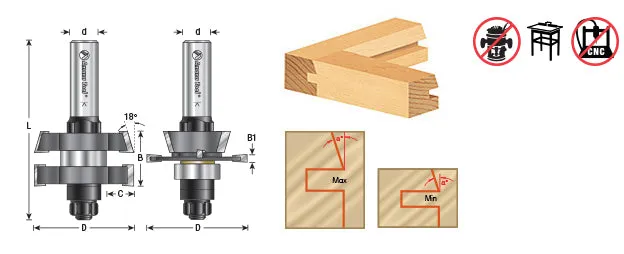 Straight with Bevel In-Stile & Rail Router Bit Set | 1 7⁄8 Dia x 13⁄64 to 1⁄2 x 18°x 1⁄2" Shank | 55432 | 738685554326