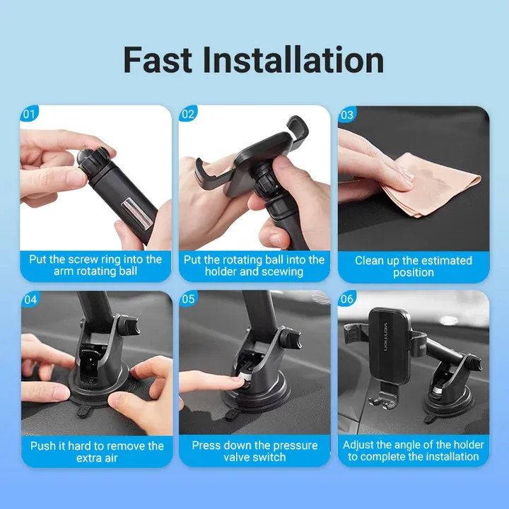 Vention Auto-Clamp Car Phone Mount for Dashboard Console with Suction Cup Square Type | KCOB0