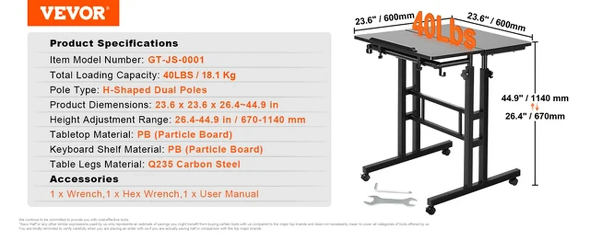 VEVOR 26.4"-44.9" Gas-Spring Height Adjustable Sit-Stand Desk with 360° Swivel