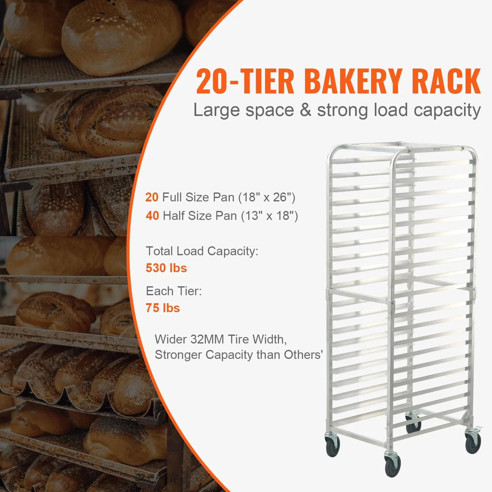 Vevor Bun Pan Rack 20-Tier Commercial Bakery Trolley with Brake Wheels 26" x 20.4" x 70" New