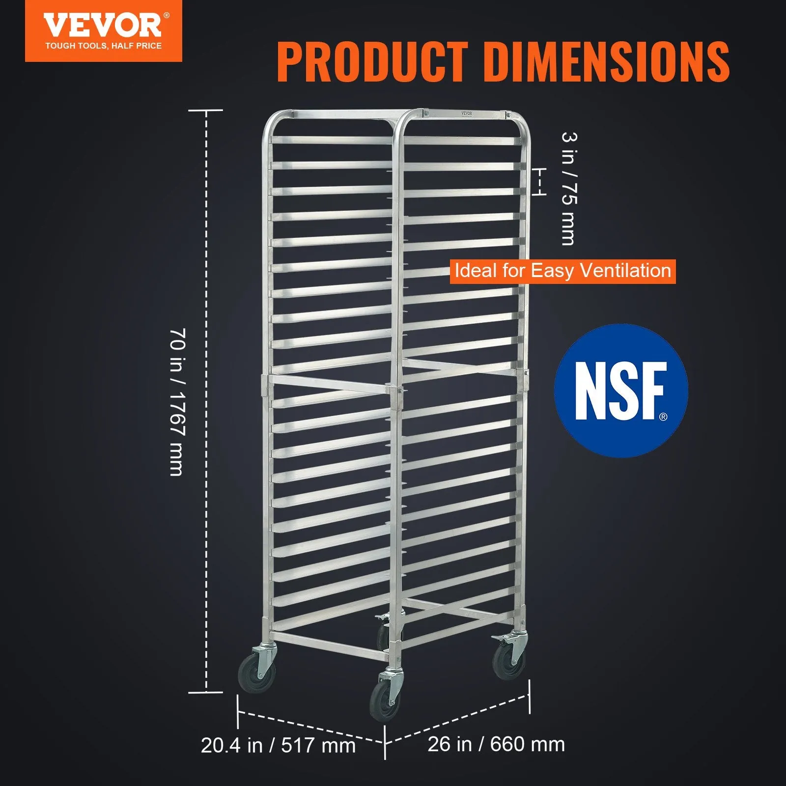 Vevor Bun Pan Rack 20-Tier Commercial Bakery Trolley with Brake Wheels 26" x 20.4" x 70" New