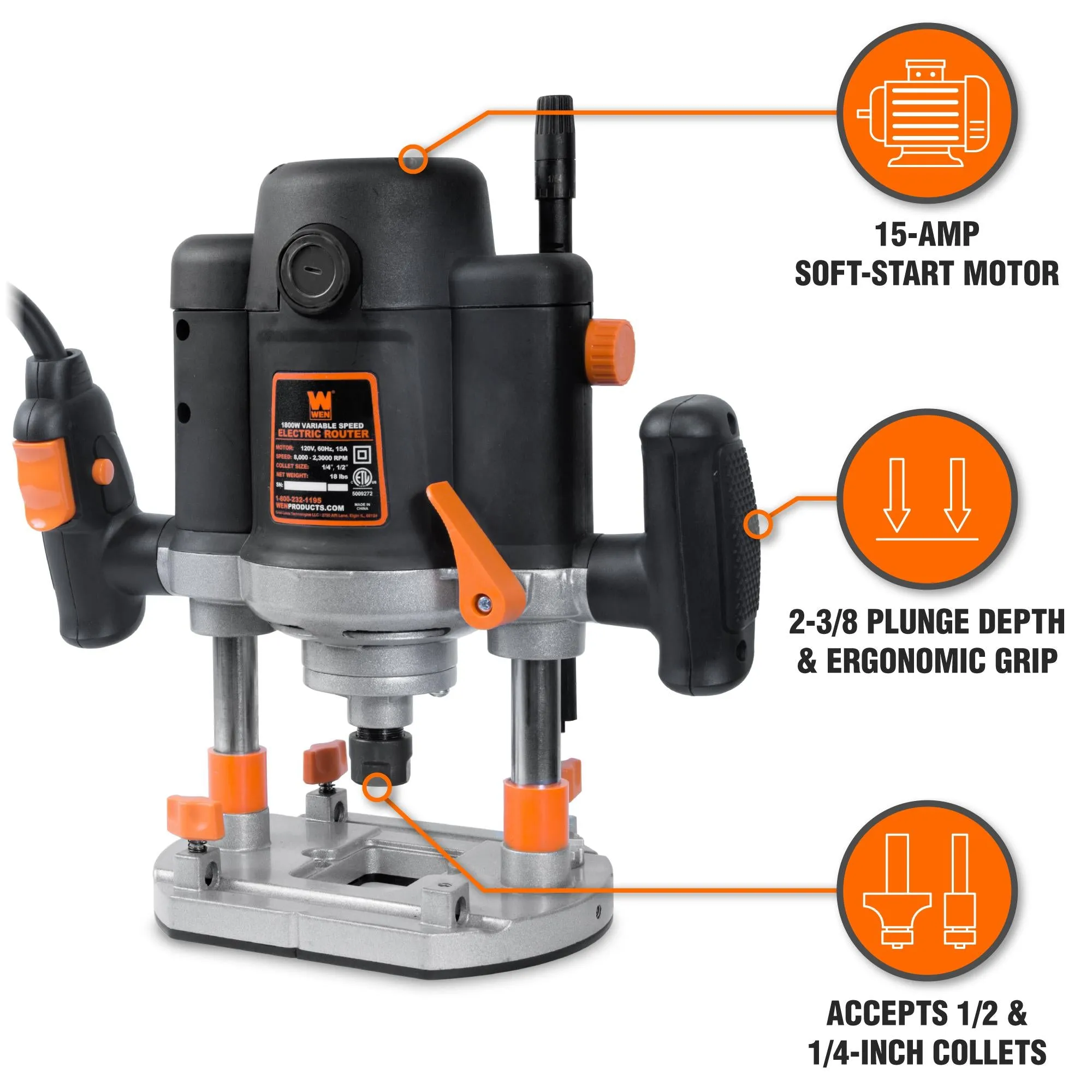 WEN RT6033 15-Amp Variable Speed Plunge Woodworking Router Kit with Carrying Case and Edge Guide