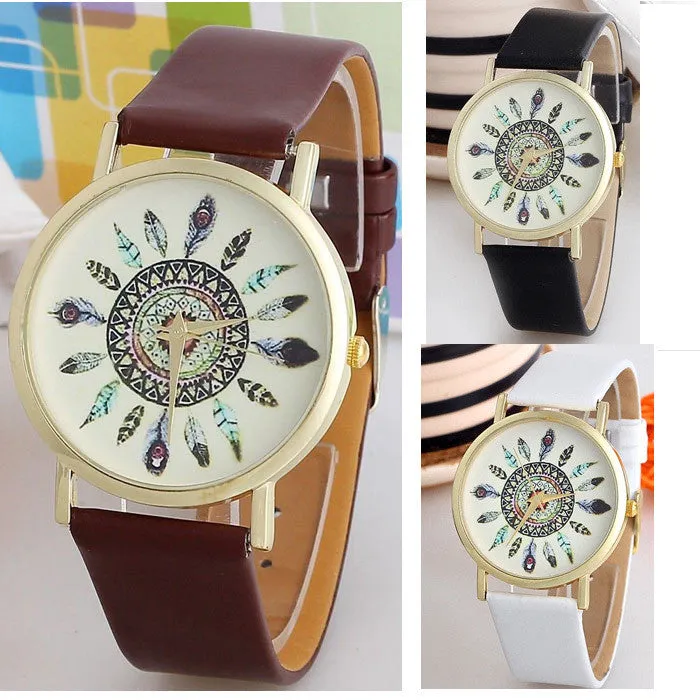 Women Vintage Feather Dial Leather Band Quartz Analog Unique Lady Wrist Watch