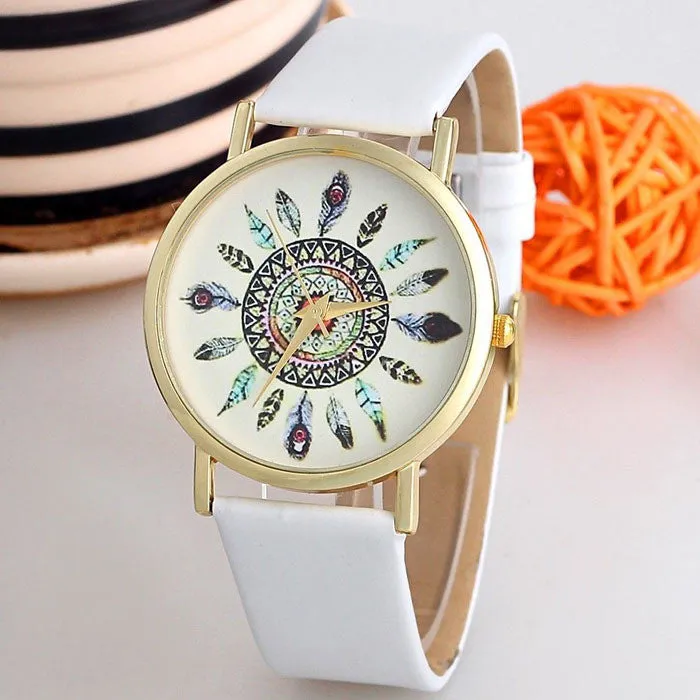 Women Vintage Feather Dial Leather Band Quartz Analog Unique Lady Wrist Watch