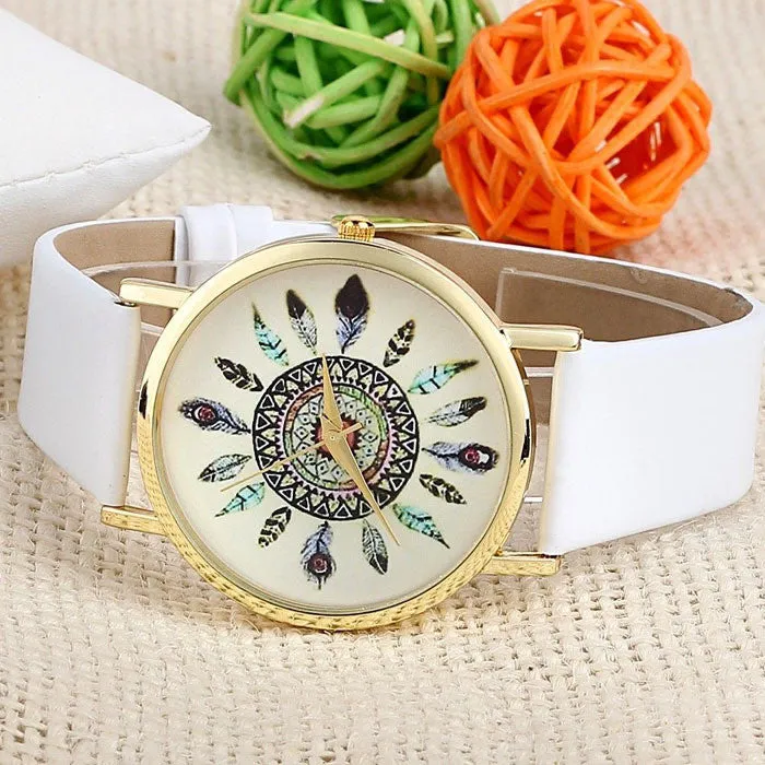 Women Vintage Feather Dial Leather Band Quartz Analog Unique Lady Wrist Watch