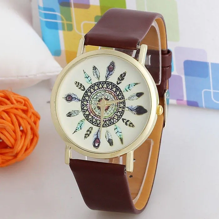 Women Vintage Feather Dial Leather Band Quartz Analog Unique Lady Wrist Watch