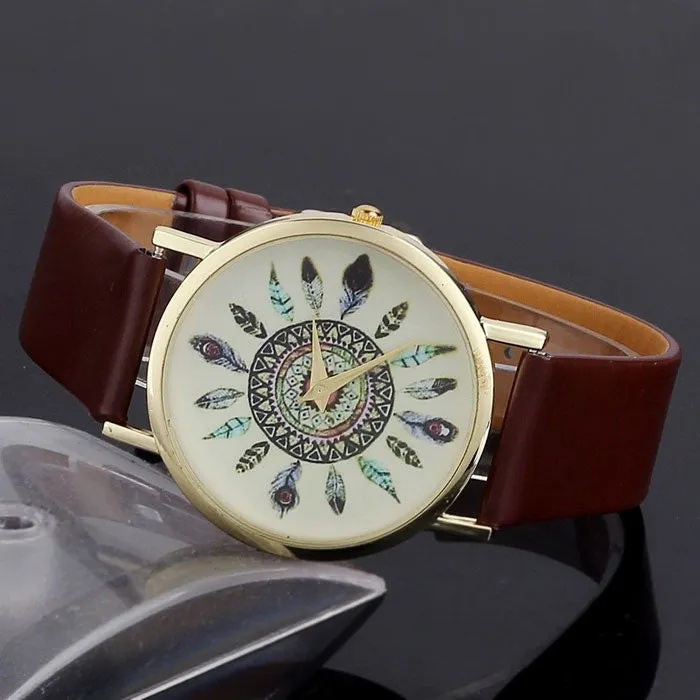 Women Vintage Feather Dial Leather Band Quartz Analog Unique Lady Wrist Watch