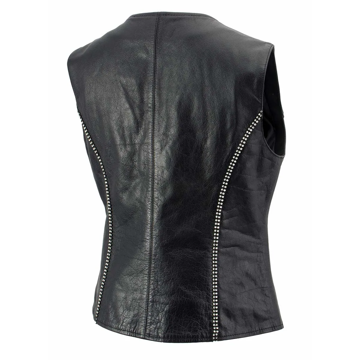 Xelement XS24002 Women's 'Bling' Black Leather V-Neck Motorcycle Rider Vest with Rhinestone Bling Detail